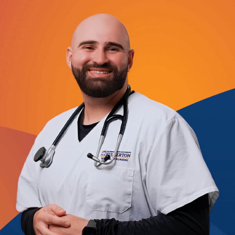 Man wearing nursing scrubs with a stethoscope around his neck, smiling against an orange and blue background